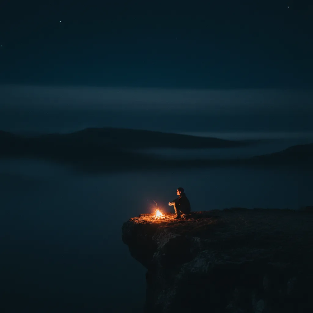 A minimalist, cinematic silhouette of a traveler sitting by a glowing campfire on a vast, dark cliffside, evoking deep introspection and solitude.