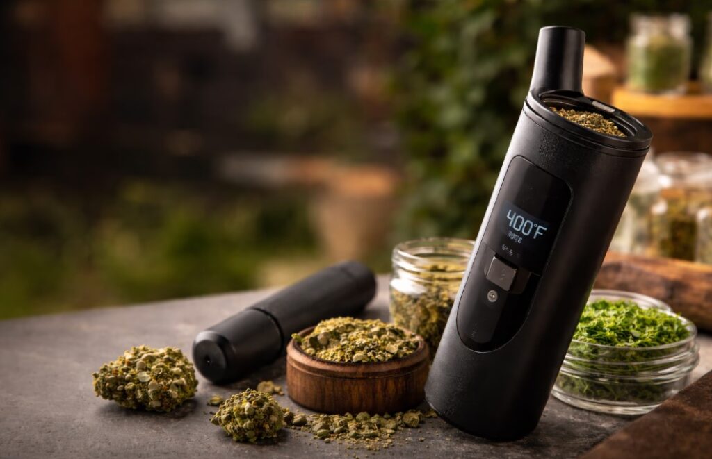 Sleek, modern cannabis vaporizer design with digital temperature controls.