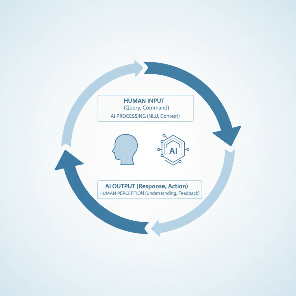 A minimalist infographic showing a circular flow of communication between a human and an AI assistant