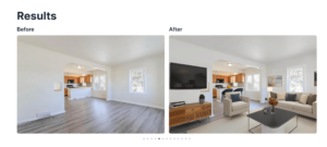 Virtual staging comparison showing a room before and after AI-generated furniture is added.