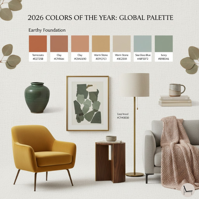 2026 trending home color palette featuring warm earth tones and sage green