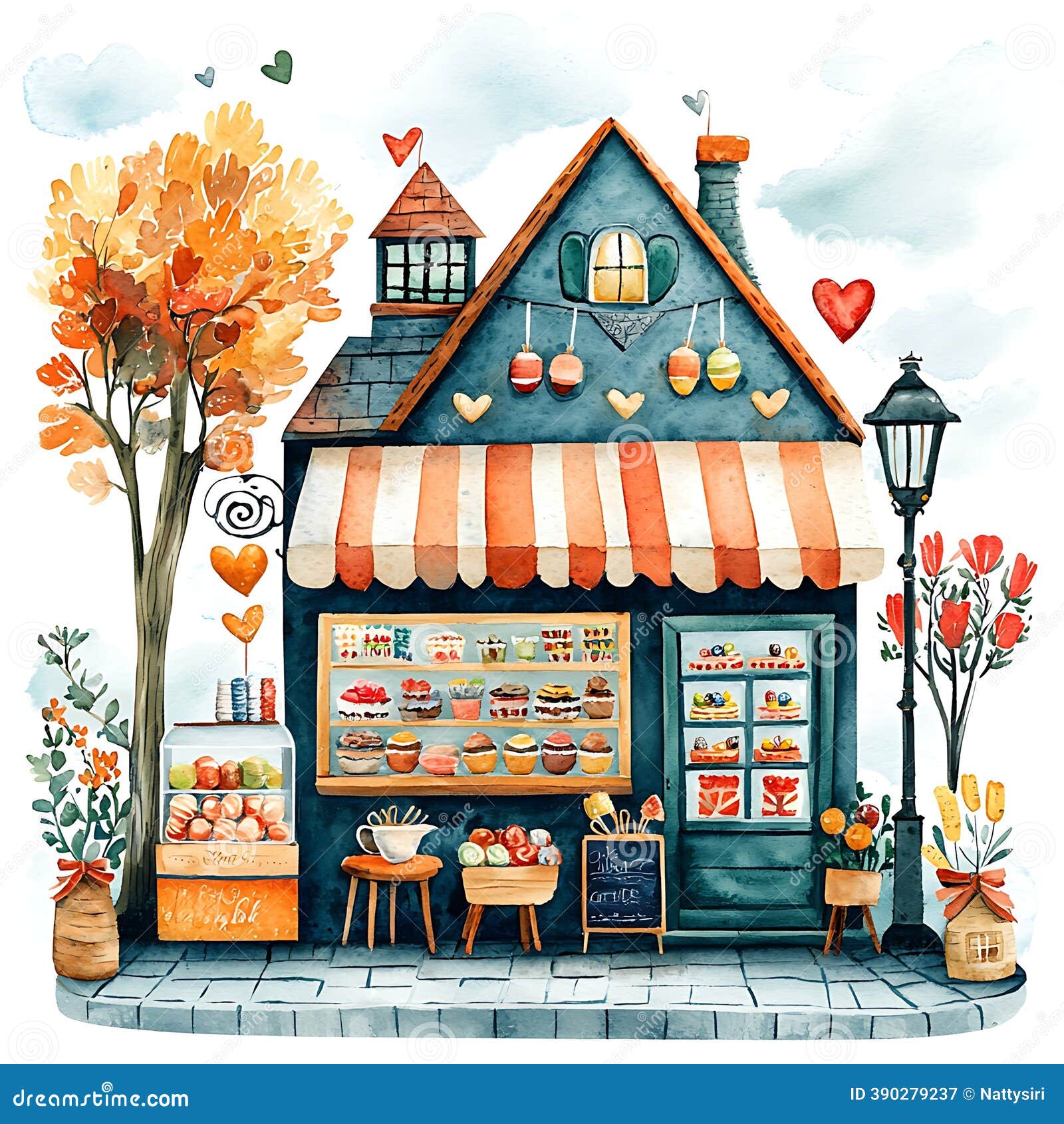 Illustration of a whimsical tree hollow bakery