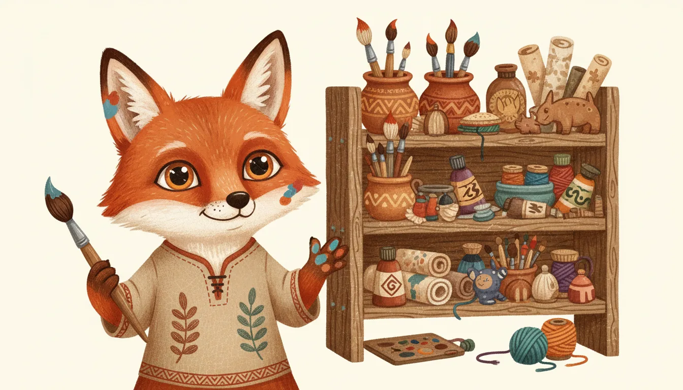 Vox the Fox, the art-room mascot, beside his supply shelf