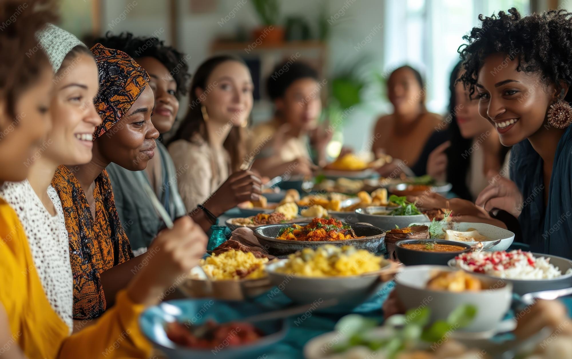 two people from different cultures sharing a meal at a table